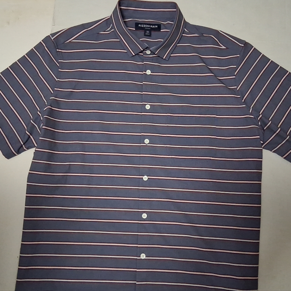 Mizzen+Main Leeward Grayish Blue and Red Striped Shirt 2XL